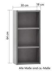 Graues Hängeregal mit drei Fächern, Maße 64 cm hoch, 30 cm breit, 18 cm tief, seitliche Perspektive