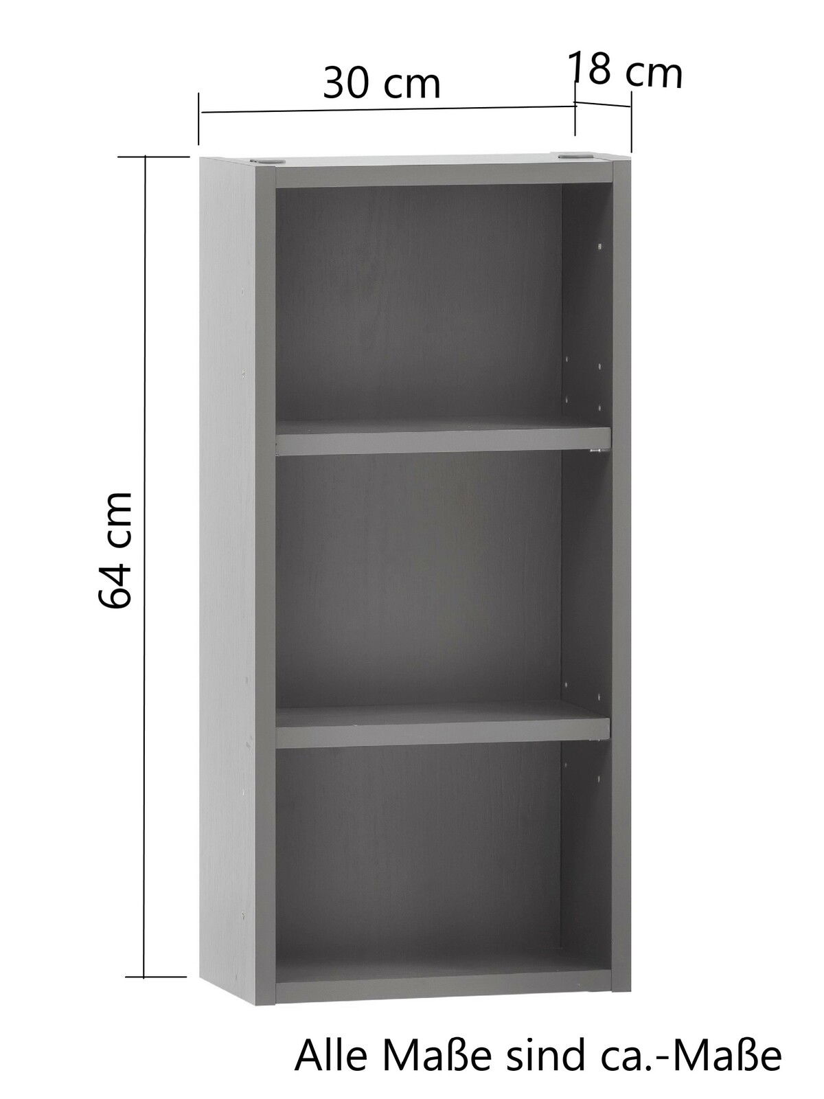 Graues Hängeregal mit drei Fächern, Maße 64 cm hoch, 30 cm breit, 18 cm tief, seitliche Perspektive
