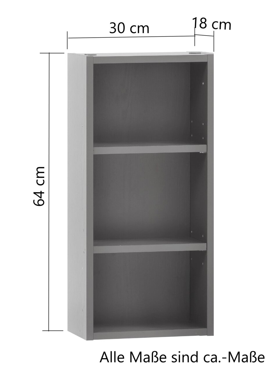 Graues Hängeregal mit drei Fächern, Maße 64 cm hoch, 30 cm breit, 18 cm tief, seitliche Perspektive