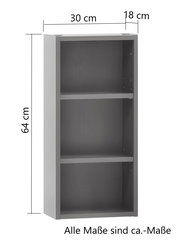 Graues Hängeregal mit drei Fächern, Maße 64 cm hoch, 30 cm breit, 18 cm tief, seitliche Perspektive