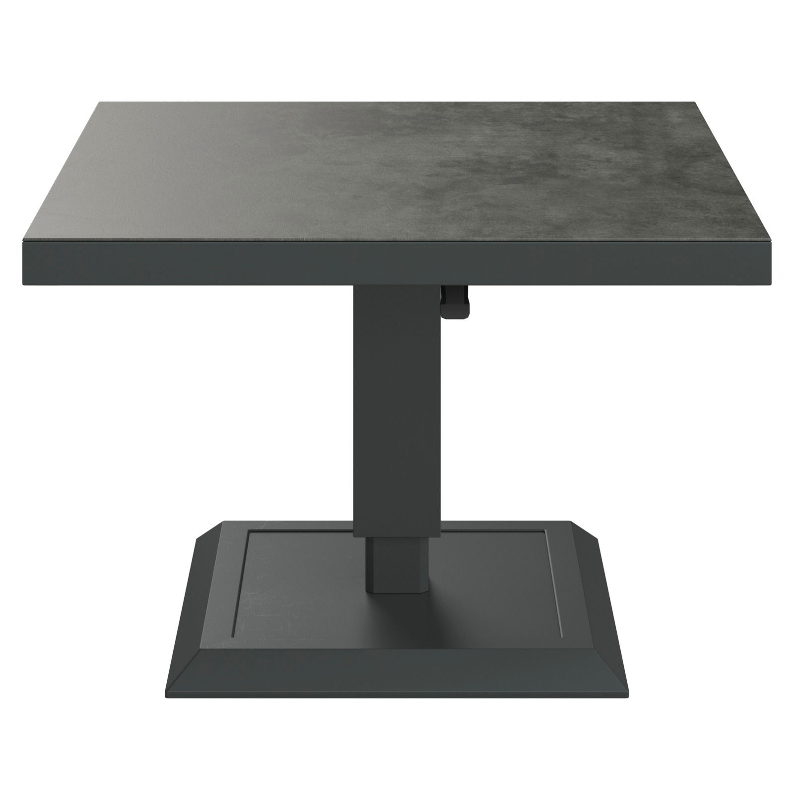 Moderner quadratischer Tisch mit dunkler Oberfläche und stabilem Sockel, Frontalansicht.