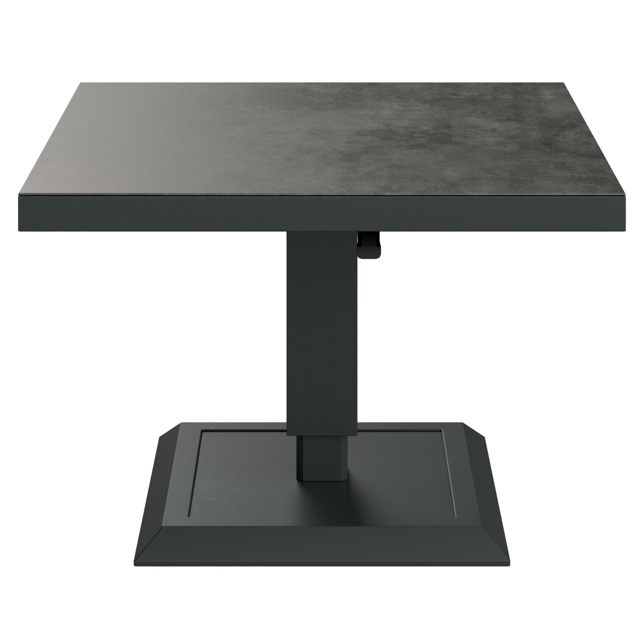 Moderner quadratischer Tisch mit dunkler Oberfläche und stabilem Sockel, Frontalansicht.