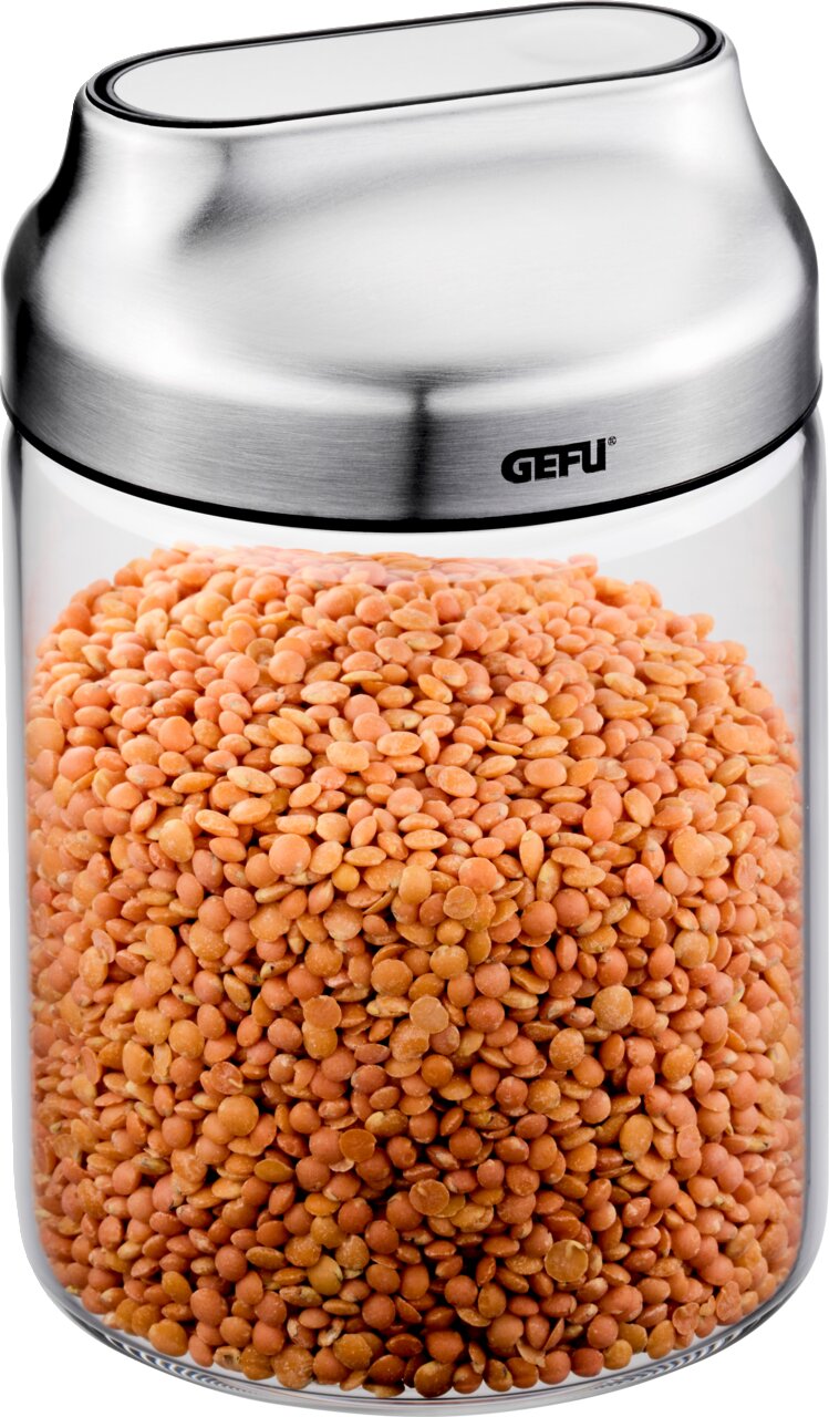 GEFU Vorratsdose KIPPO Vorratsdose 700 ml mit Edelstahl-Deckel, gefüllt mit roten Linsen, seitliche Perspektive