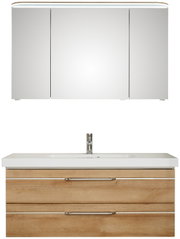 Vooraanzicht van een moderne badkamermeubel met een spiegelkast en een wastafel met houtlook en twee lades.