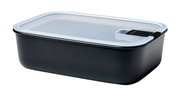 Rechteckige Frischhaltedose Easyclip 1500 mit transparentem Deckel und schwarzem Clip, seitliche Perspektive