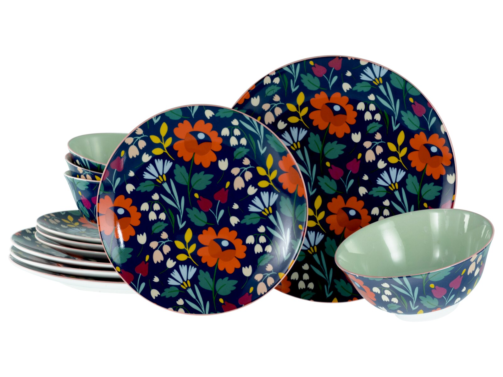 Creatable Tellerset 12-tlg FOLKLORE Buntes Geschirrset mit floralen Mustern auf dunkelblauem Hintergrund, bestehend aus Tellern und Schalen mit mintgrüner Innenseite, in schräger Frontansicht vor weißem Hintergrund