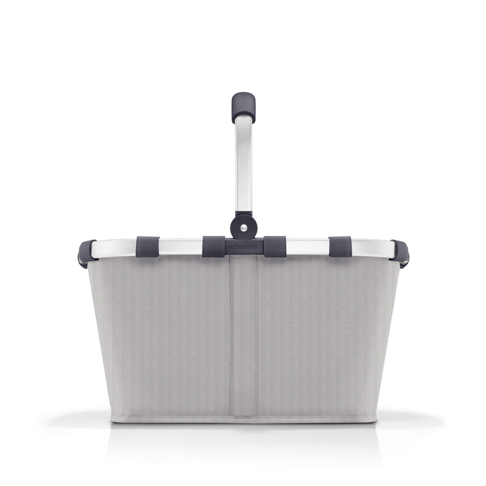 Grauer Einkaufskorb im Herringbone-Muster, frontal abgebildet mit Aluminiumgriff.