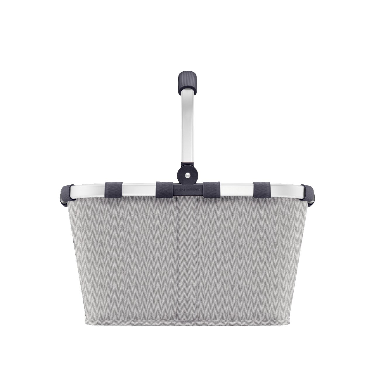 Grauer Einkaufskorb im Herringbone-Muster, frontal abgebildet mit Aluminiumgriff.