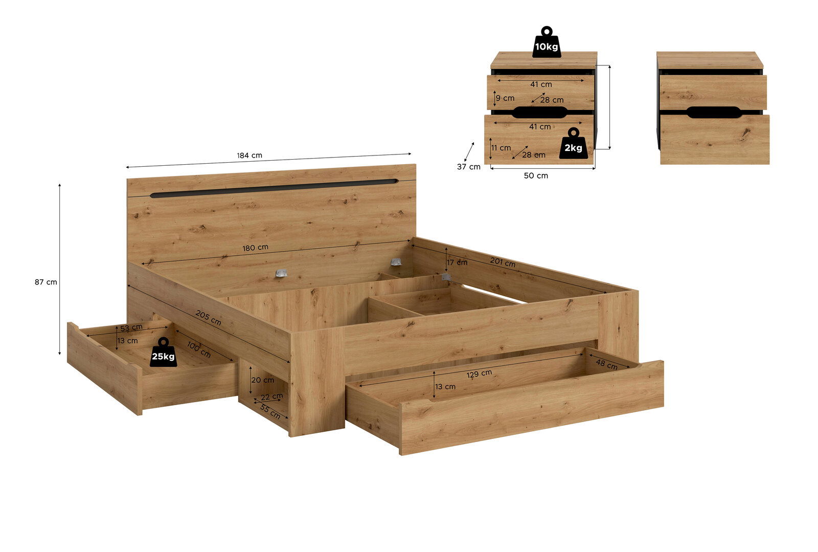 Holzbett in Eiche-Optik mit hohem Kopfteil und zwei großen Unterbett-Schubladen, dargestellt in schräger Frontansicht mit eingezeichneten Maßen und Belastungsangaben