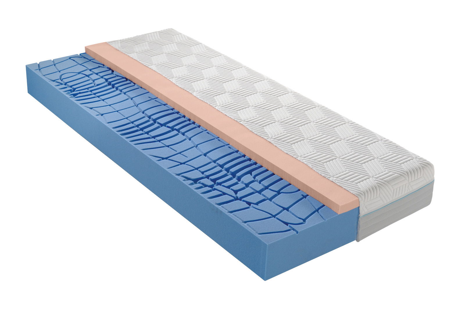 Dieter Knoll Gel-Kaltschaummatratze H3 OPTIFLOW GEL KS 22 Querschnitt einer Gel-Kaltschaummatratze mit blauer und rosa Schicht, perspektivisch von der Seite gezeigt.