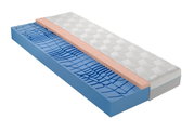 Querschnitt einer Gel-Kaltschaummatratze mit blauer und rosa Schicht, perspektivisch von der Seite gezeigt.