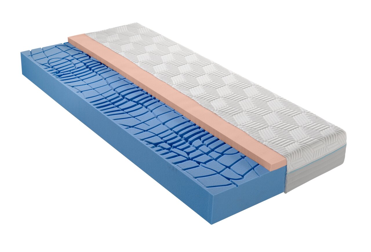 Querschnitt einer Gel-Kaltschaummatratze mit blauer und rosa Schicht, perspektivisch von der Seite gezeigt.