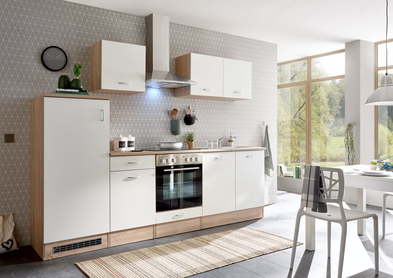 Yourkitchen Küchenblock 270 ANDY Moderne Küchenzeile in heller Holzoptik mit weißen Fronten, bestehend aus Hängeschränken, Unterschränken und einem Herd, seitliche Perspektive.
