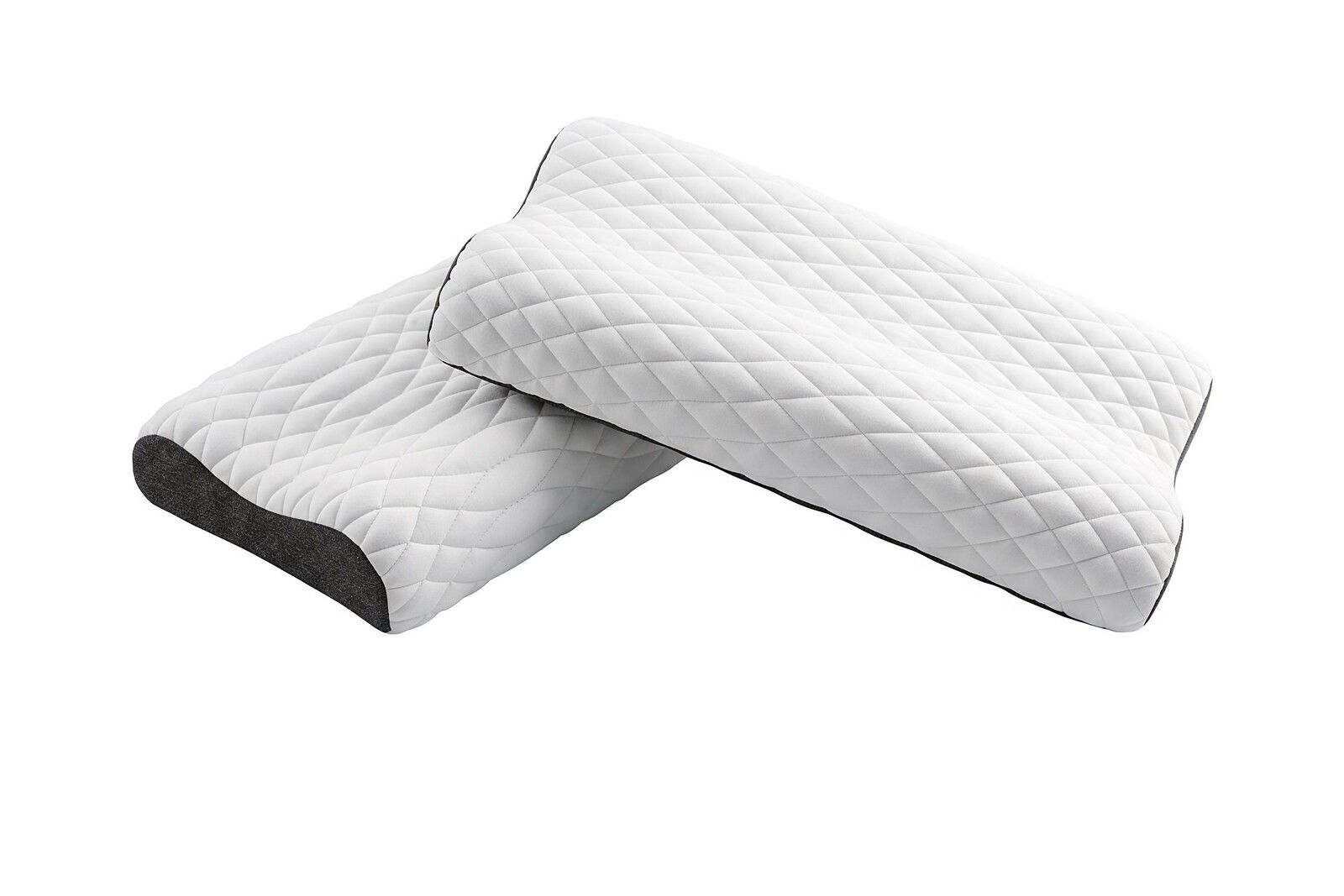 Zwei ergonomische Kissen mit weißem, gestepptem Bezug und dunkler Unterseite, seitliche Perspektive