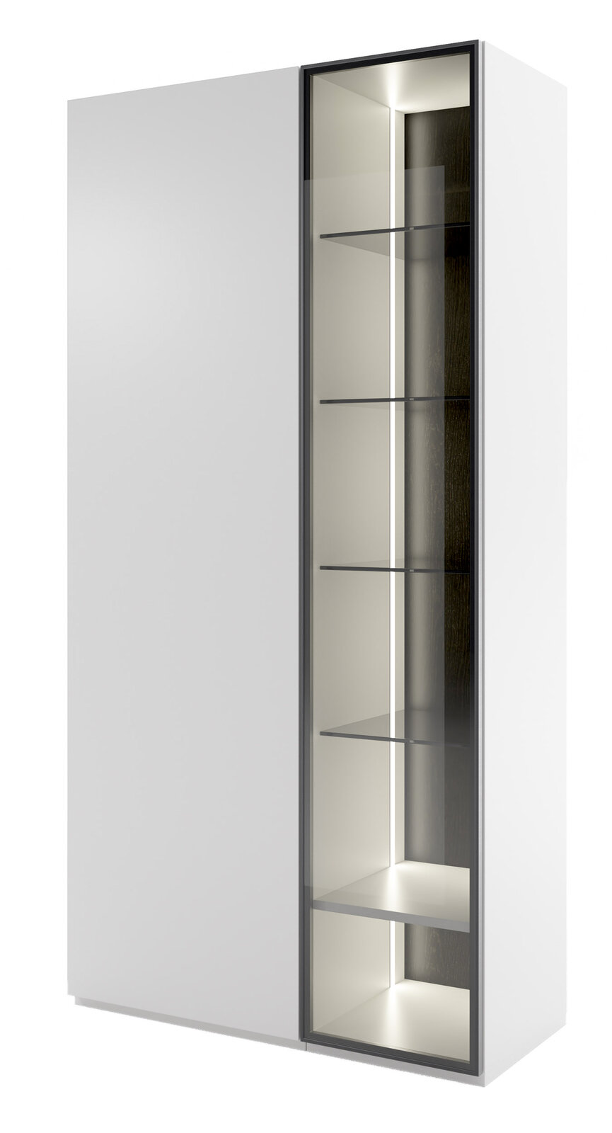 WK-Wohnen Vitrinenkombination groß VIVA Große Vitrinenkombination mit weißem Korpus und beleuchteten Glasregalen, seitliche Perspektive