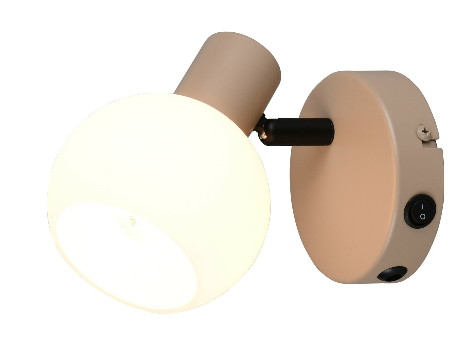 Wandleuchte mit rundem, beigem Gehäuse und schwenkbarem, kugelförmigem Lampenschirm, seitliche Perspektive
