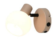 Wandleuchte mit rundem, beigem Gehäuse und schwenkbarem, kugelförmigem Lampenschirm, seitliche Perspektive