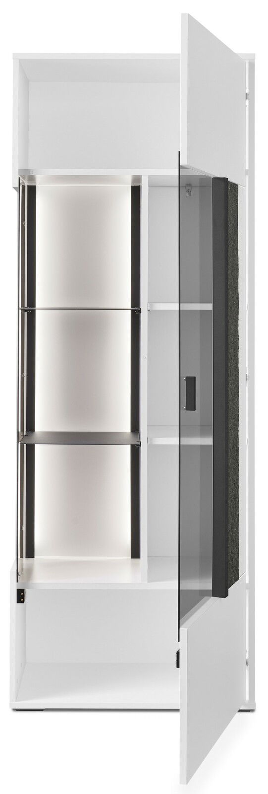 Offenes Highboard mit Glastür und Beleuchtung, Perspektive von vorne