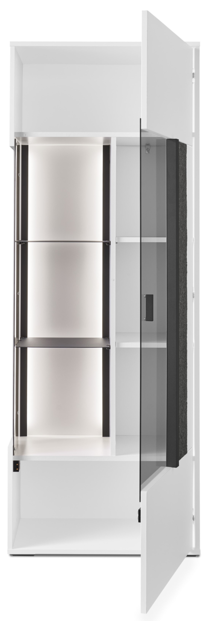 Offenes Highboard mit Glastür und Beleuchtung, Perspektive von vorne