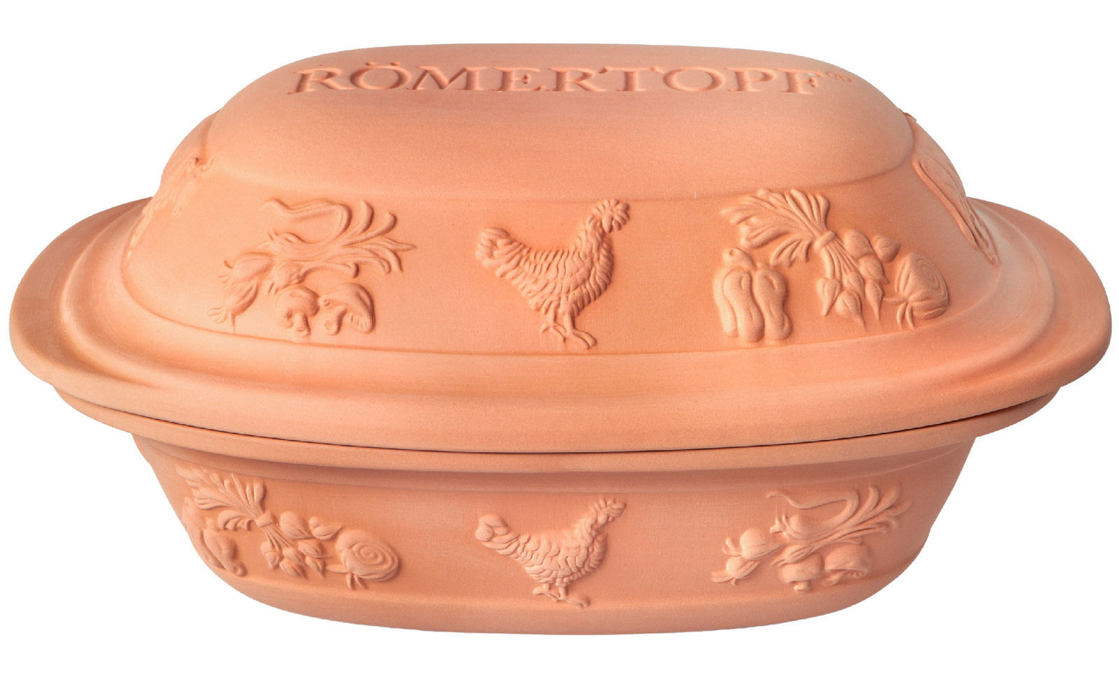 Römertopf Bräter RUSTICO Römertopf Bräter Rustico aus Ton mit Hühner- und Gemüseverzierungen, seitliche Perspektive