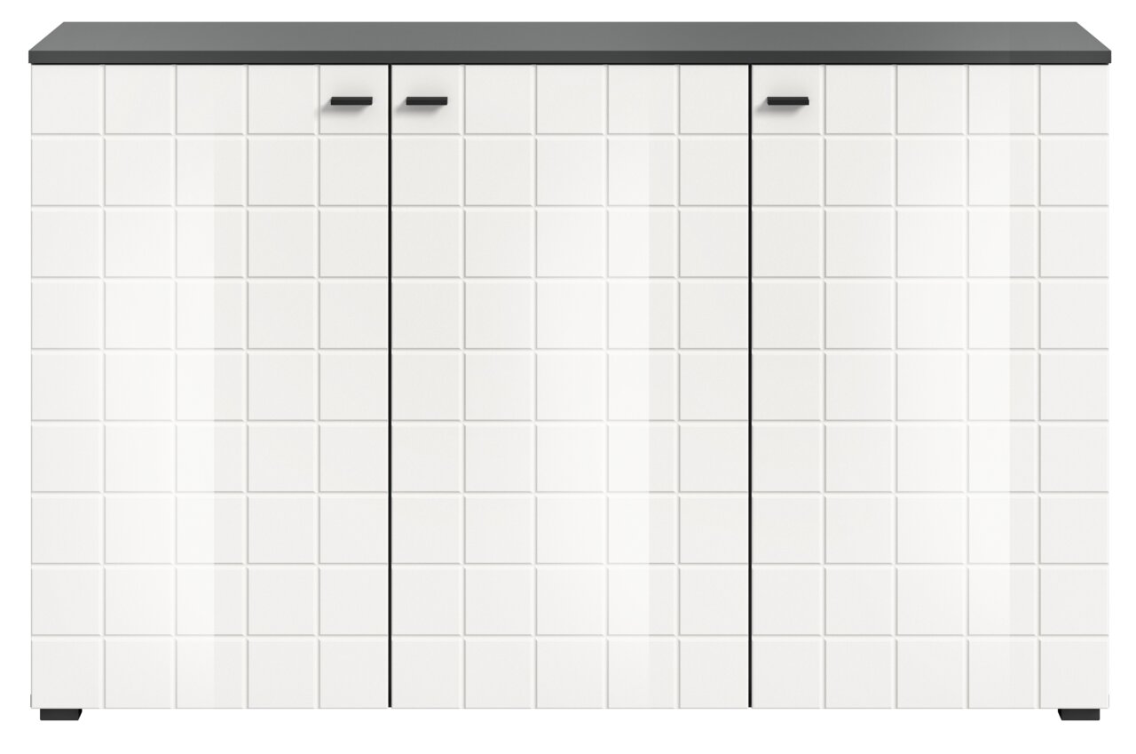 Frontansicht eines modernen Sideboards mit weißer, quadratischer Musterung und dunkler Oberseite.