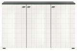 Frontansicht eines modernen Sideboards mit weißer, quadratischer Musterung und dunkler Oberseite.