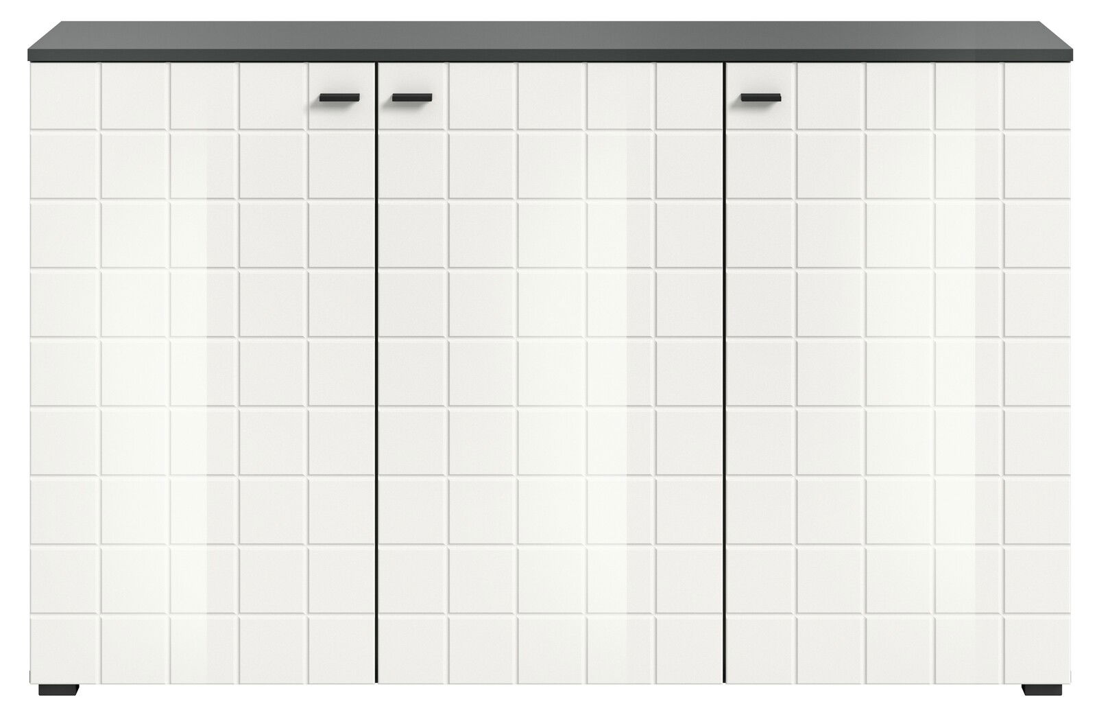 Frontansicht eines modernen Sideboards mit weißer, quadratischer Musterung und dunkler Oberseite.