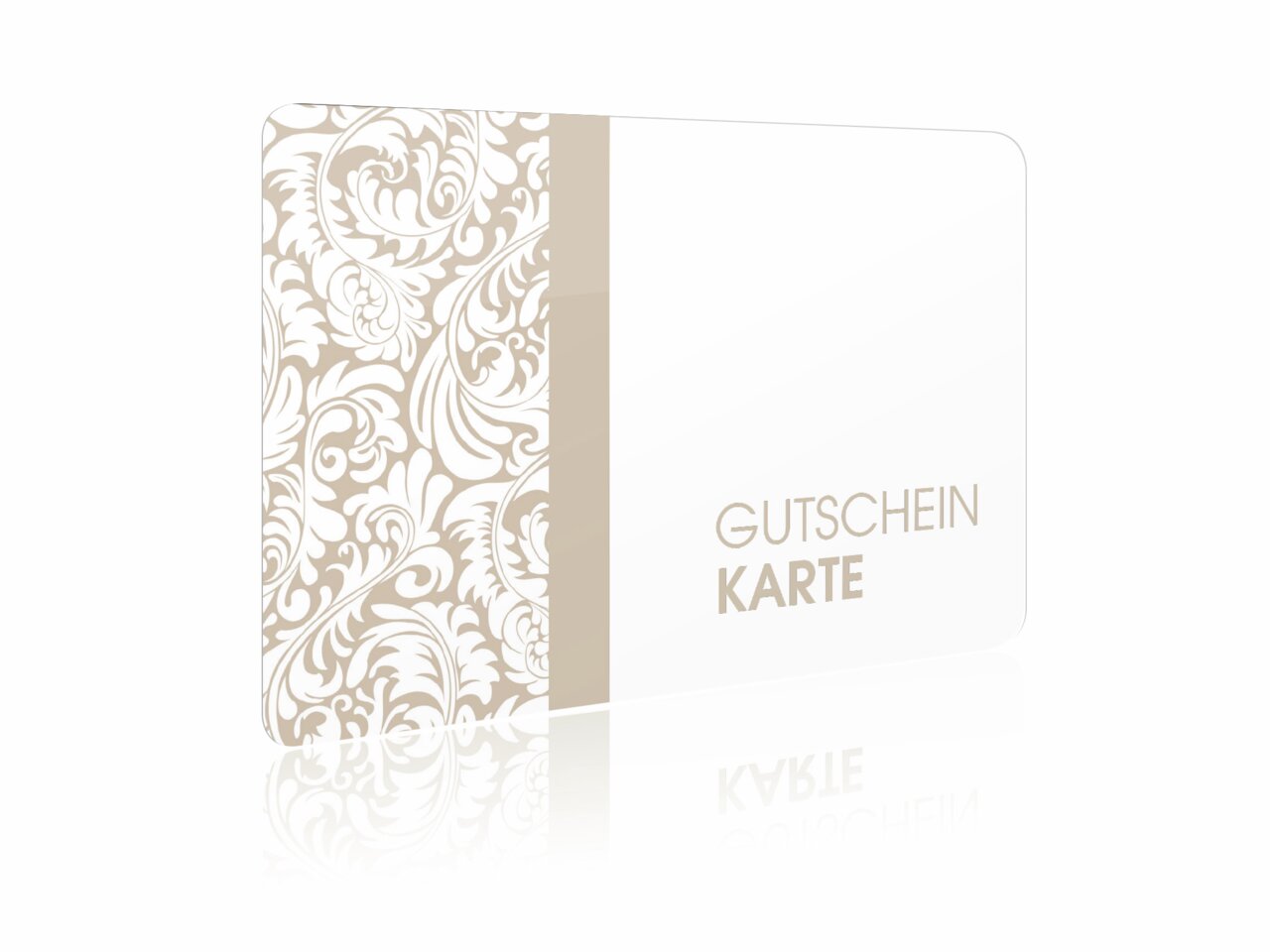 Geschenkgutschein im Querformat mit elegantem, floralen Muster auf der linken Seite und der Aufschrift 'GUTSCHEIN KARTE' auf der rechten Seite.