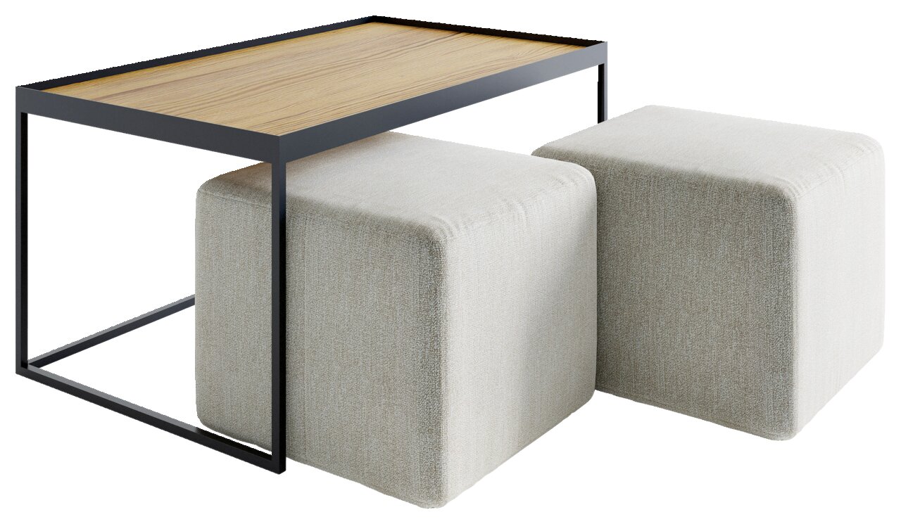Moderner Couchtisch mit schwarzem Metallrahmen und Holzplatte, begleitet von zwei hellgrauen, gepolsterten Hockern. Perspektive von schräg oben.