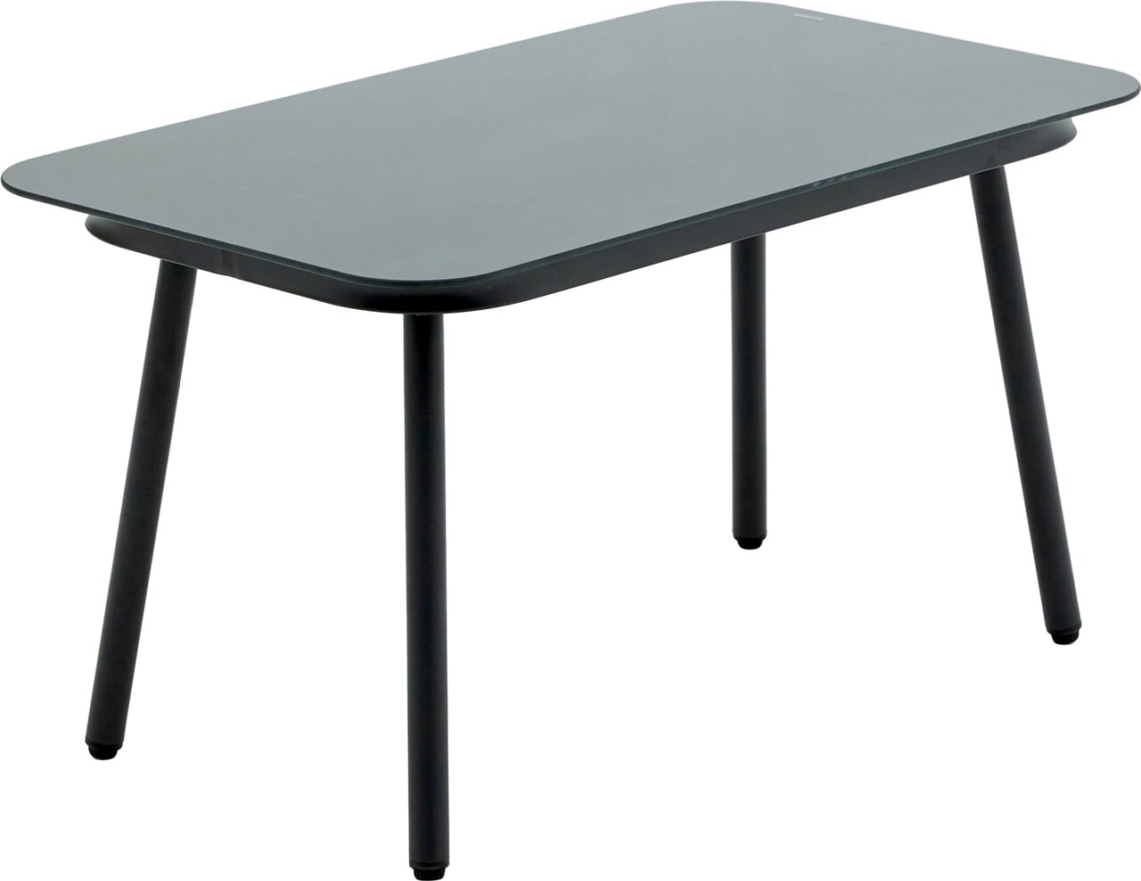 Moderner Gartentisch mit rechteckiger Glasplatte und vier stabilen Beinen, seitliche Perspektive