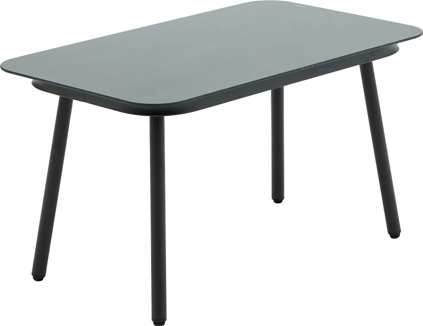 Moderner Gartentisch mit rechteckiger Glasplatte und vier stabilen Beinen, seitliche Perspektive