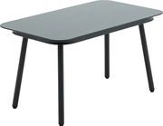 Moderner Gartentisch mit rechteckiger Glasplatte und vier stabilen Beinen, seitliche Perspektive