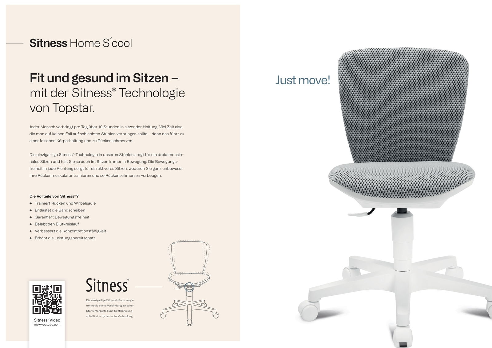 Vorderansicht eines modernen Kinder- und Jugenddrehstuhls mit grauem Netzbezug und weißem Gestell.