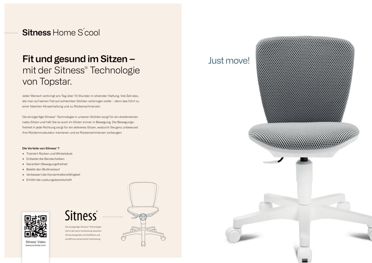 Vooraanzicht van een moderne draaistoel voor kinderen en jongeren met een grijze gaasbekleding en een wit frame.