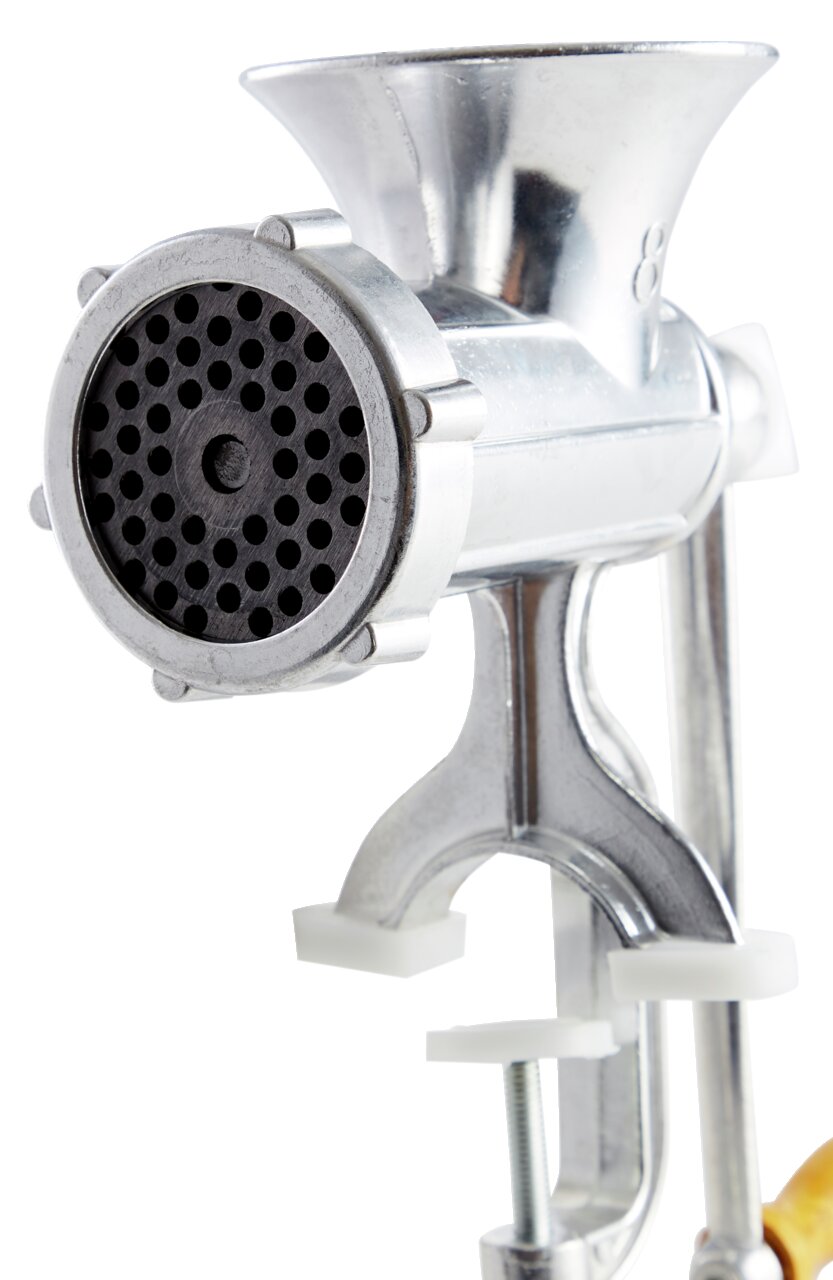 Nahaufnahme eines silbernen Fleischwolfs Nr. 8 aus Metall, seitliche Perspektive.