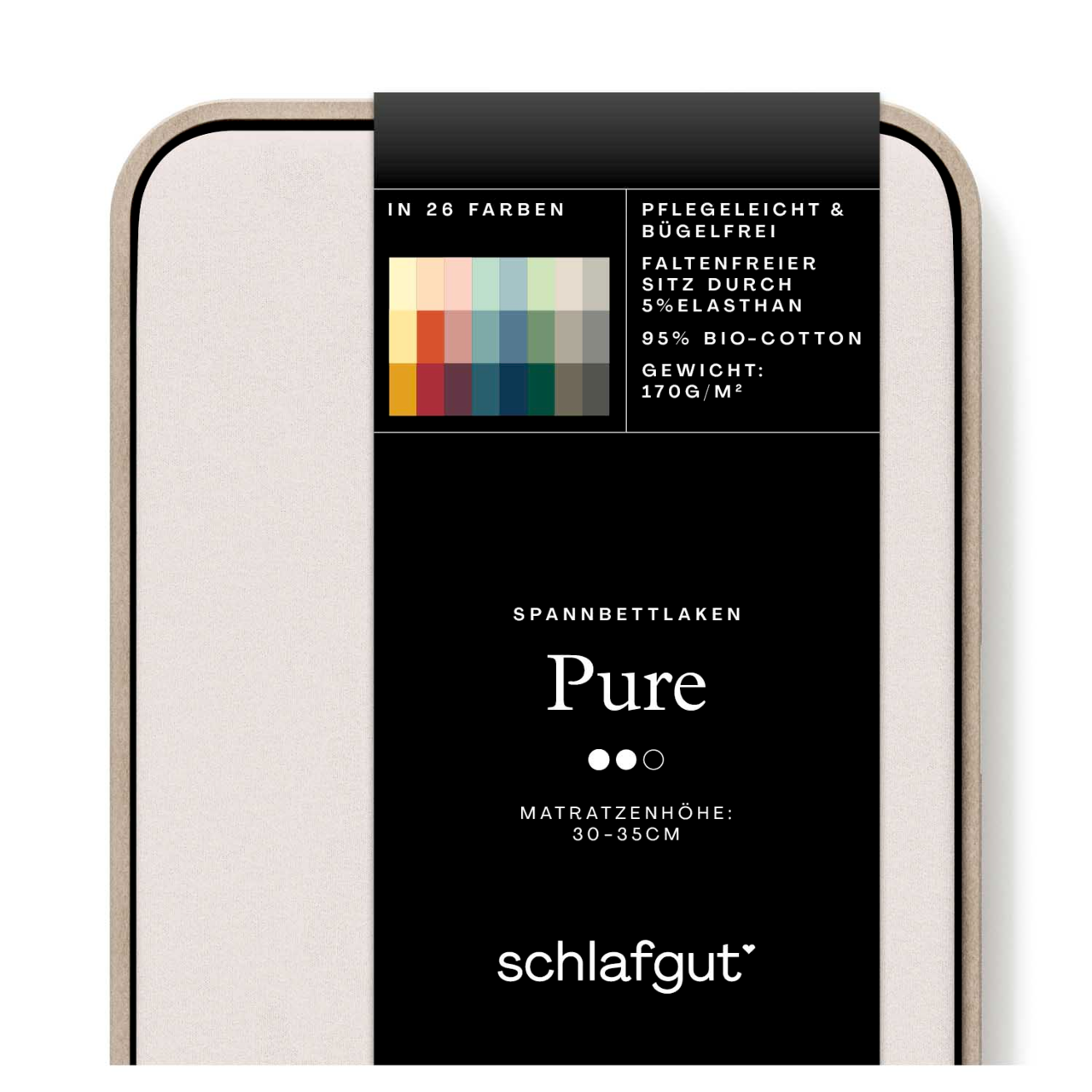 schlafgut Hoeslaken S 744 Pure Spannbettlaken Pure in 26 Farben, pflegeleicht und bügelfrei, aus 95% Bio-Baumwolle und 5% Elasthan, geeignet für Matratzenhöhe 30-35 cm, Vorderansicht
