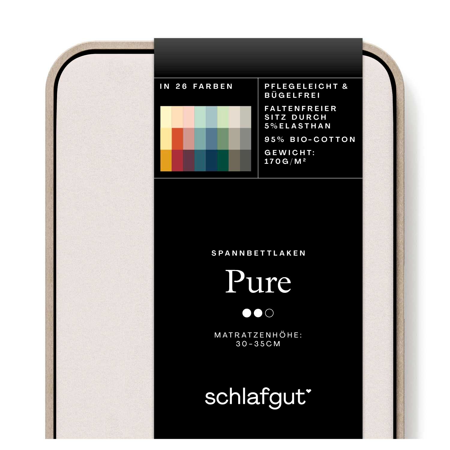 Spannbettlaken Pure in 26 Farben, pflegeleicht und bügelfrei, aus 95% Bio-Baumwolle und 5% Elasthan, geeignet für Matratzenhöhe 30-35 cm, Vorderansicht