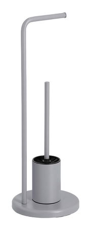 Graue WC-Garnitur mit Toilettenbürste und Papierhalter, seitliche Ansicht