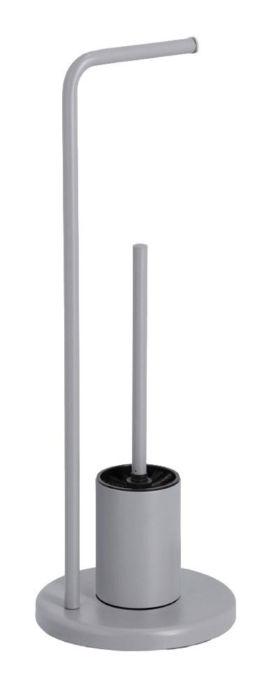 Graue WC-Garnitur mit Toilettenbürste und Papierhalter, seitliche Ansicht