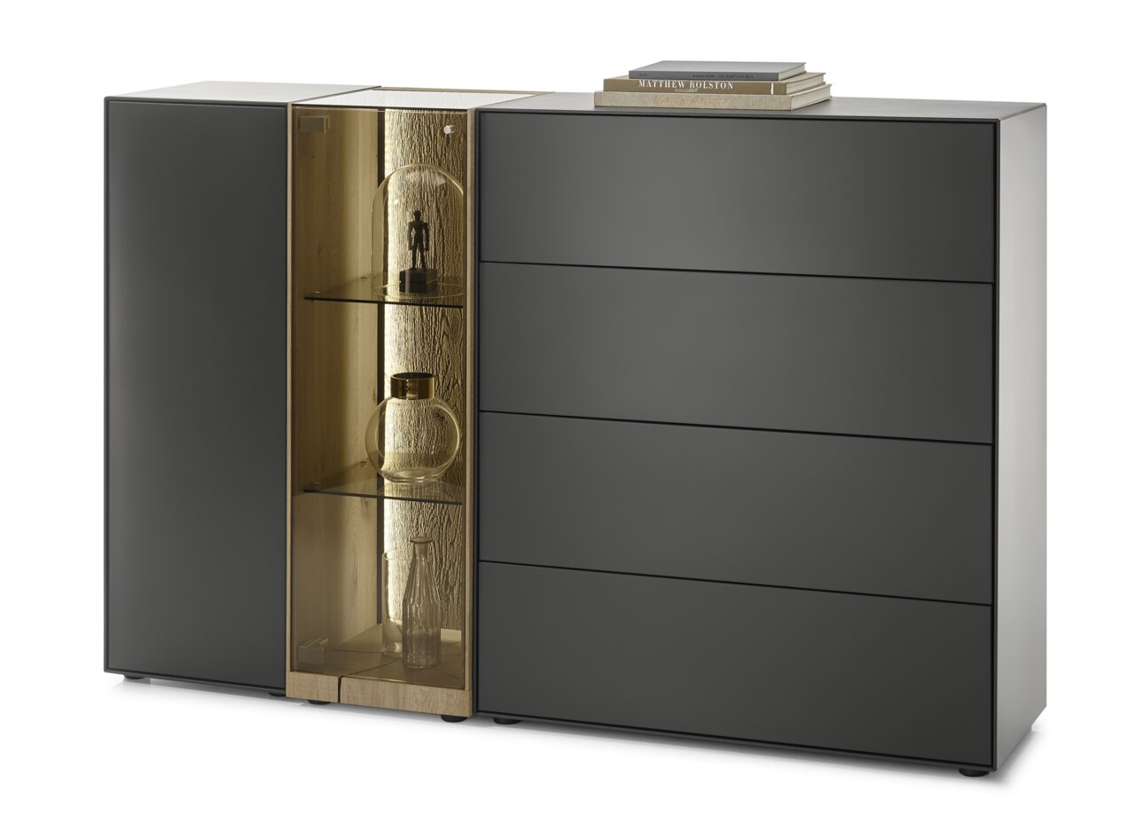 Musterring Highboard TREVIO Modernes Highboard in dunklem Design mit Glasvitrine und dekorativen Elementen, seitliche Perspektive