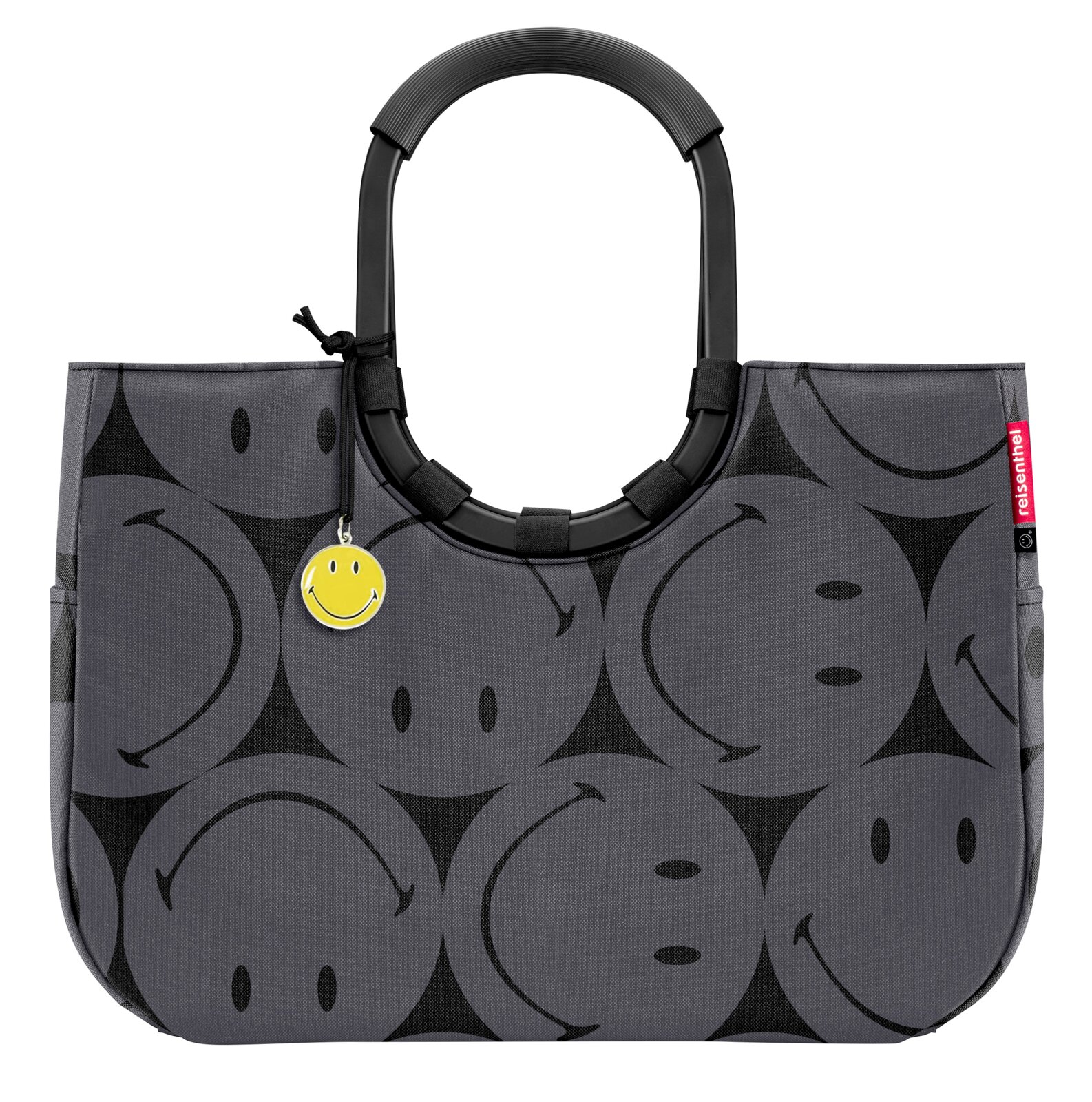 Graue Einkaufstasche mit schwarzen Smiley-Motiven und einem gelben Smiley-Anhänger, Vorderansicht