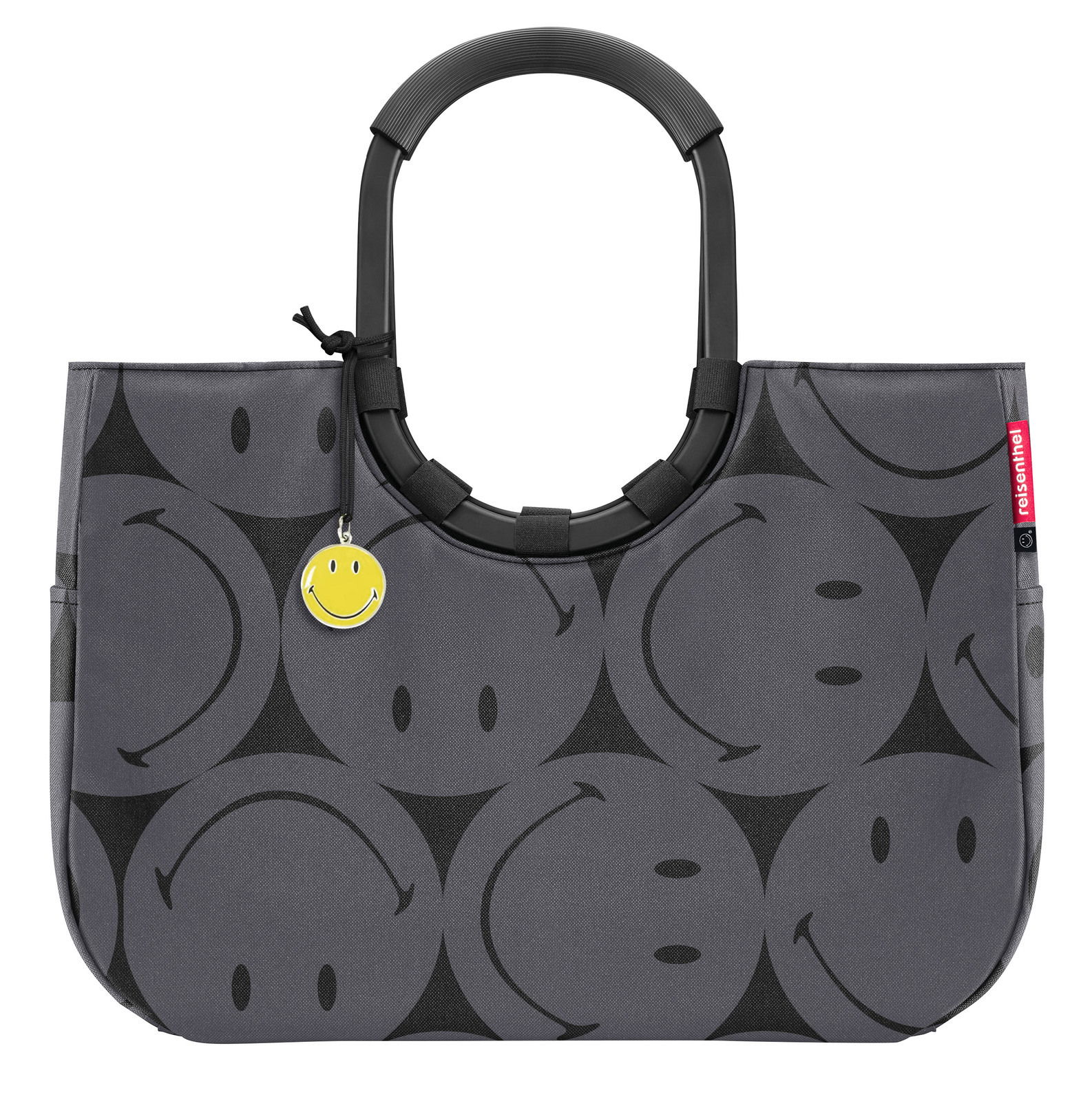 Graue Einkaufstasche mit schwarzen Smiley-Motiven und einem gelben Smiley-Anhänger, Vorderansicht