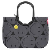 Graue Einkaufstasche mit schwarzen Smiley-Motiven und einem gelben Smiley-Anhänger, Vorderansicht