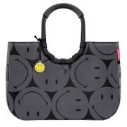 Graue Einkaufstasche mit schwarzen Smiley-Motiven und einem gelben Smiley-Anhänger, Vorderansicht