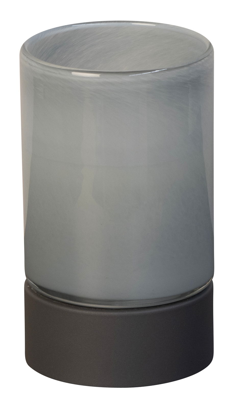 Fischer & Honsel ARIVA PRO windlicht op batterijen Zylindrisches Akku-Windlicht mit grauem Glas und dunklem Sockel, seitliche Perspektive