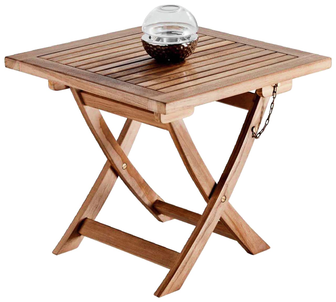 Houten klaptafel met vierkant tafelblad en decoratieve schaal, zijaanzicht