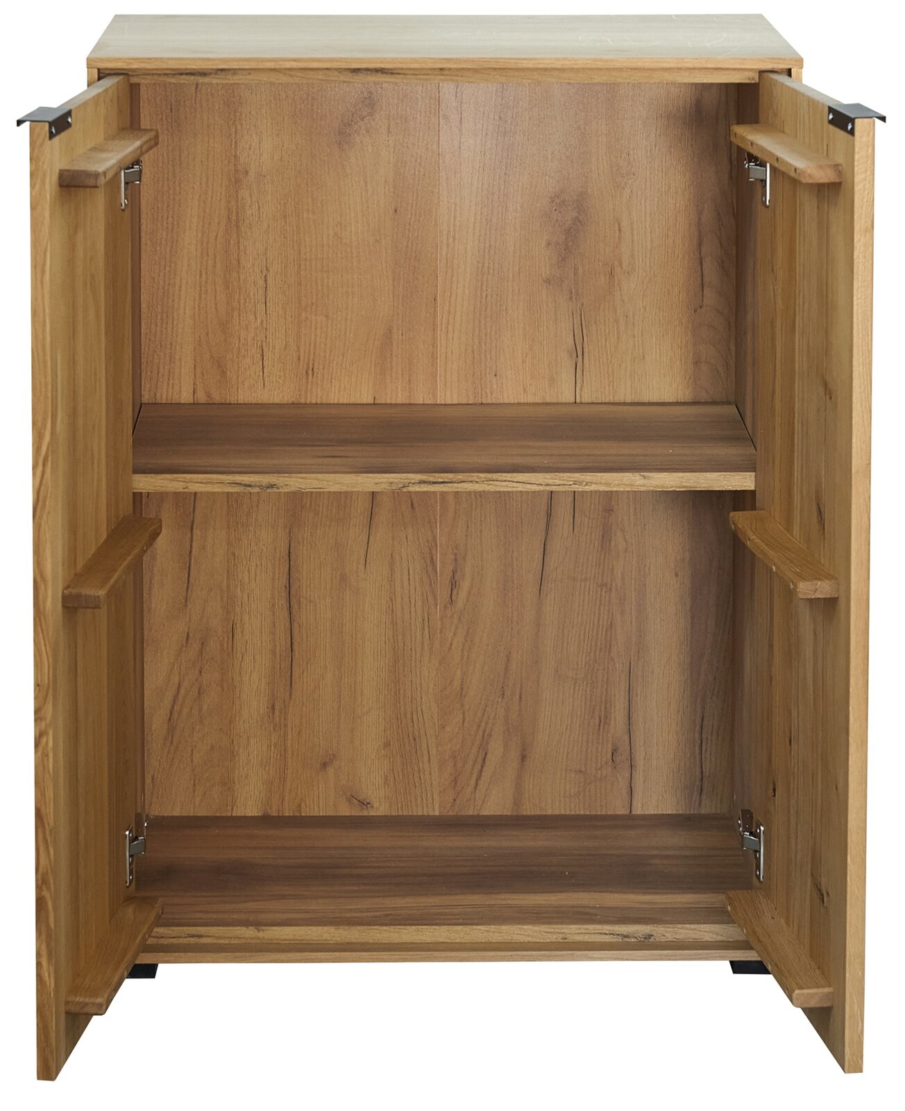 Linea Natura Aktenschrank niedrig DALLAS Offener Holzschrank mit zwei Türen und zwei Einlegeböden, Innenansicht in Frontalperspektive