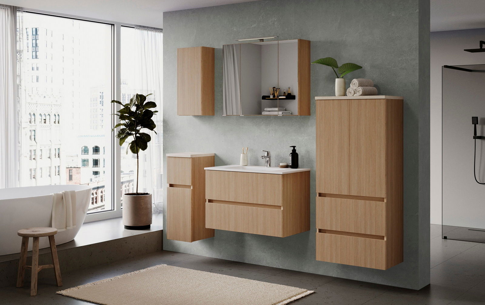 Moderner Midischrank 60 cm in Holzoptik, Teil eines stilvollen Badezimmersets, aus der Perspektive von vorne rechts betrachtet.