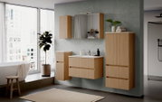 Moderner Midischrank 60 cm in Holzoptik, Teil eines stilvollen Badezimmersets, aus der Perspektive von vorne rechts betrachtet.