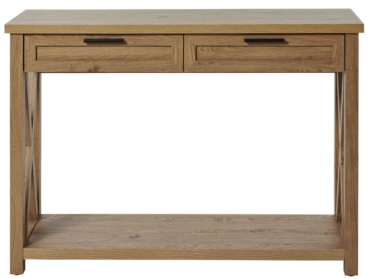 Holzkonsole mit zwei Schubladen, frontale Ansicht